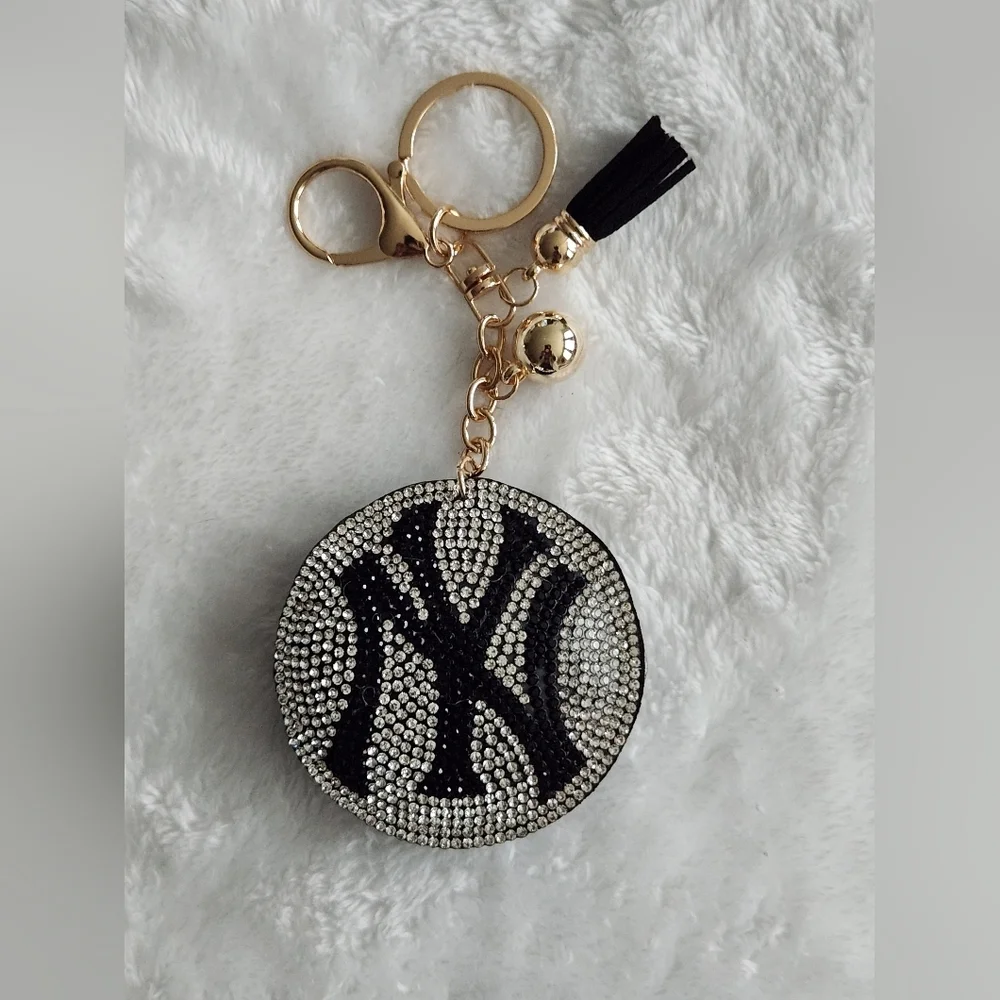 NY Yankees Silver and Black Rhinestone Keychain Bag Charm